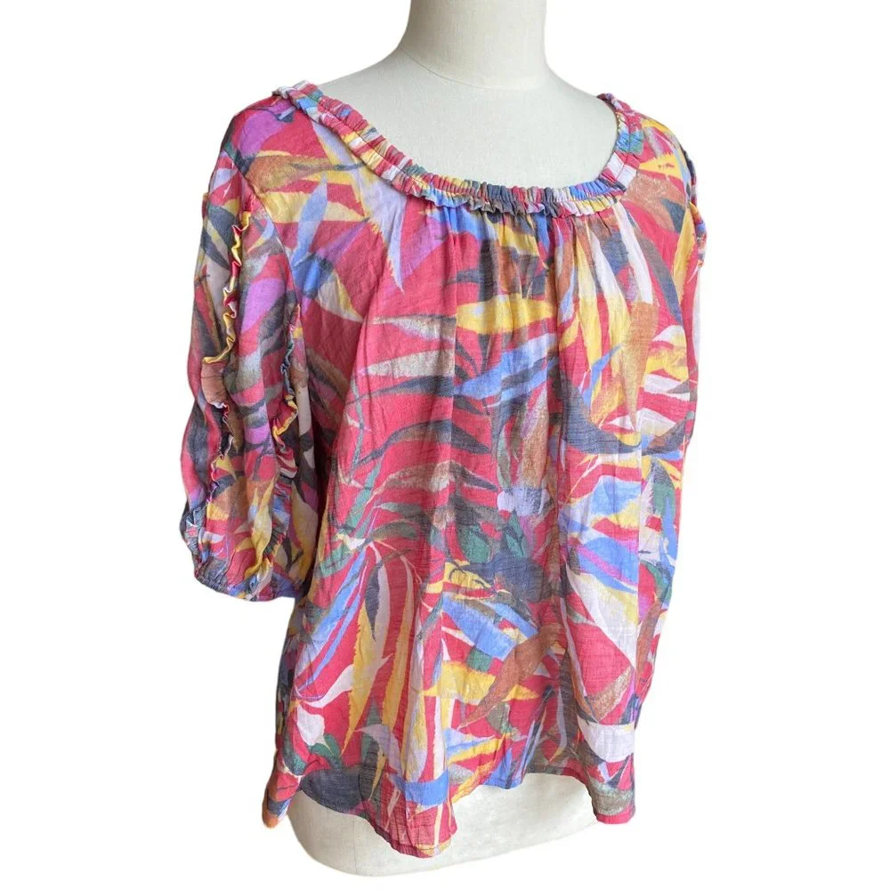 Zac & Rachel Boho Abstract Pattern Ruffle Trim Shimmery Colorful Blouse Shirt-L